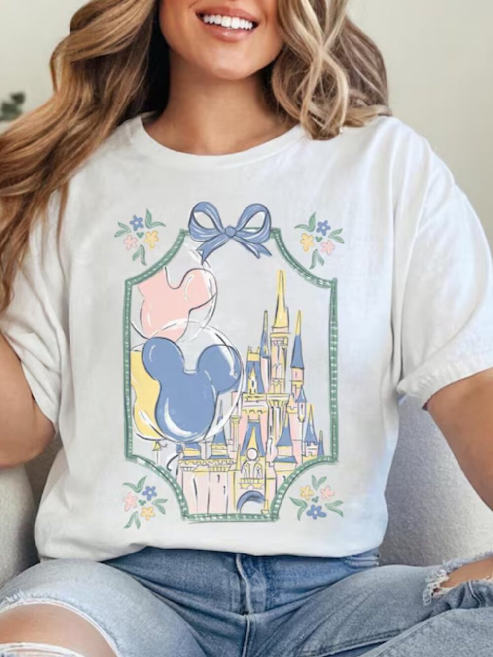 Disney Castle Mickey Balloons Sketch Graphic Tee White